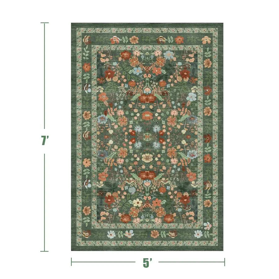 Vintage Boho green Floral Washable Nonslip Area Rug