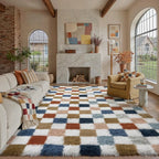Rainbow Checkered Shag Rug Washable Non-Slip