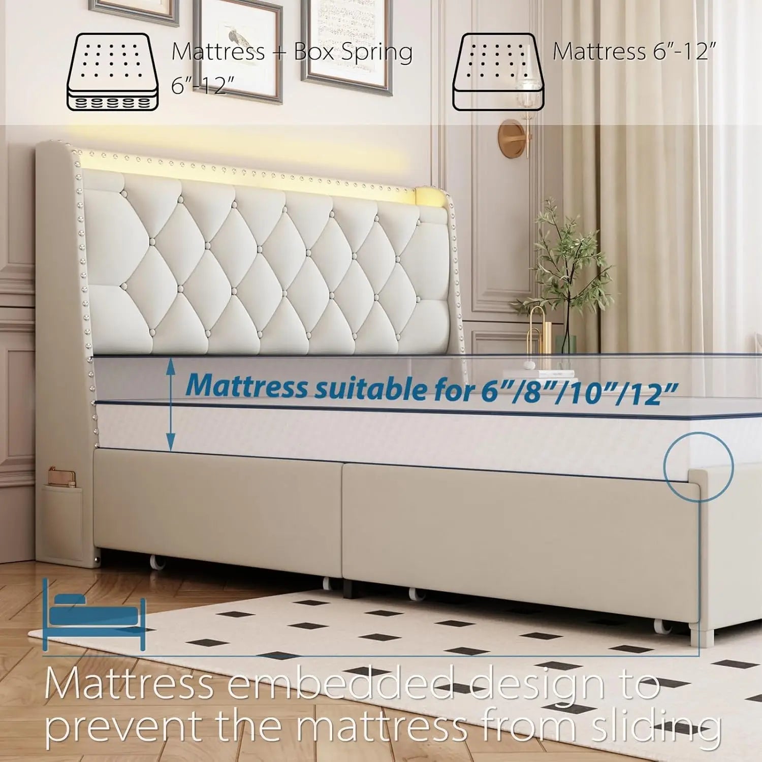 Queen Size Bed Frame with 4 Drawers & Storage Headboard