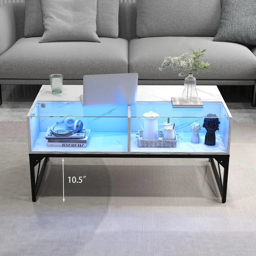 LED Coffee Table, High Glossy Center Table with 4 Storage Cubes