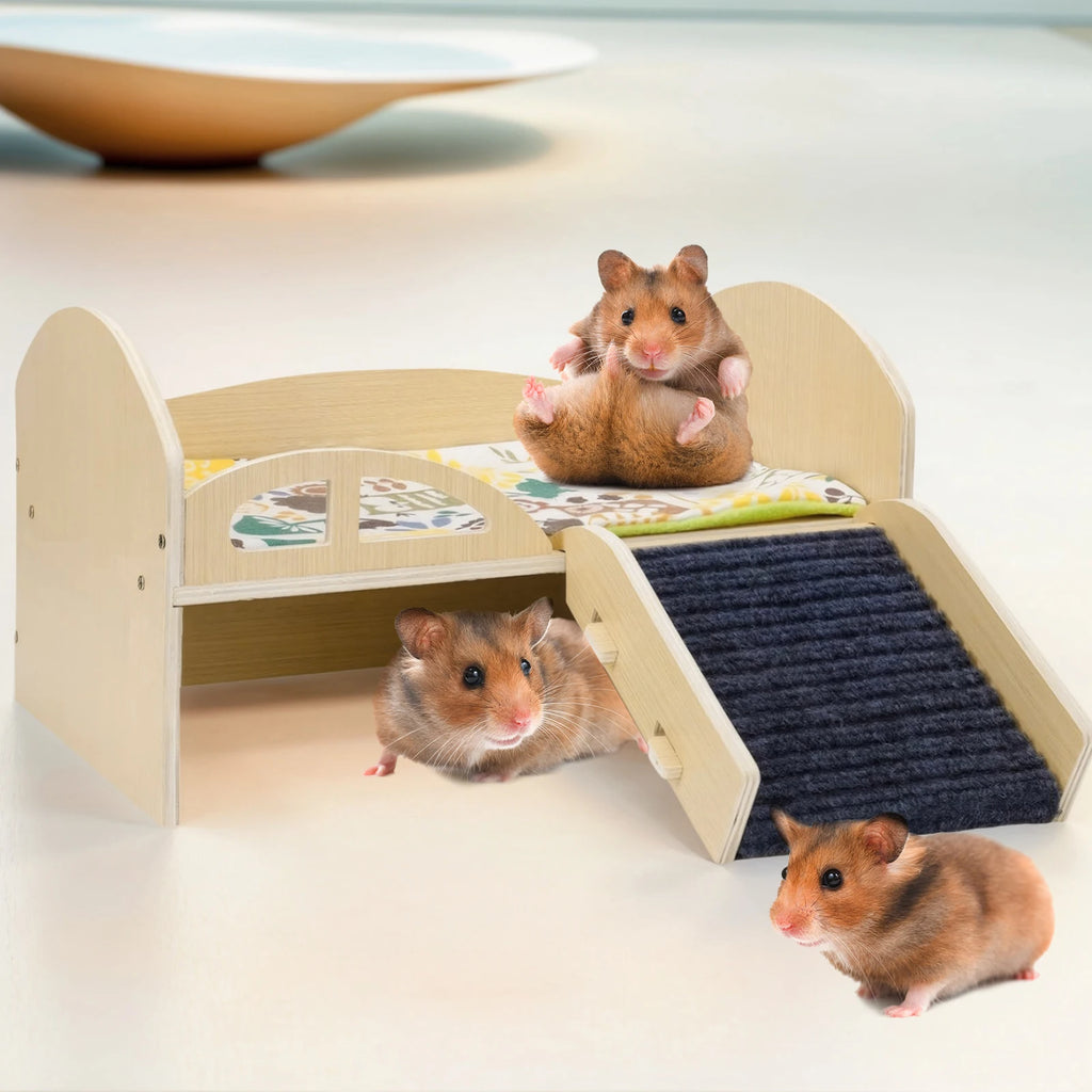 Bed with Stable Stairs & Mat Wear Resist Wood Pet Toy Bed