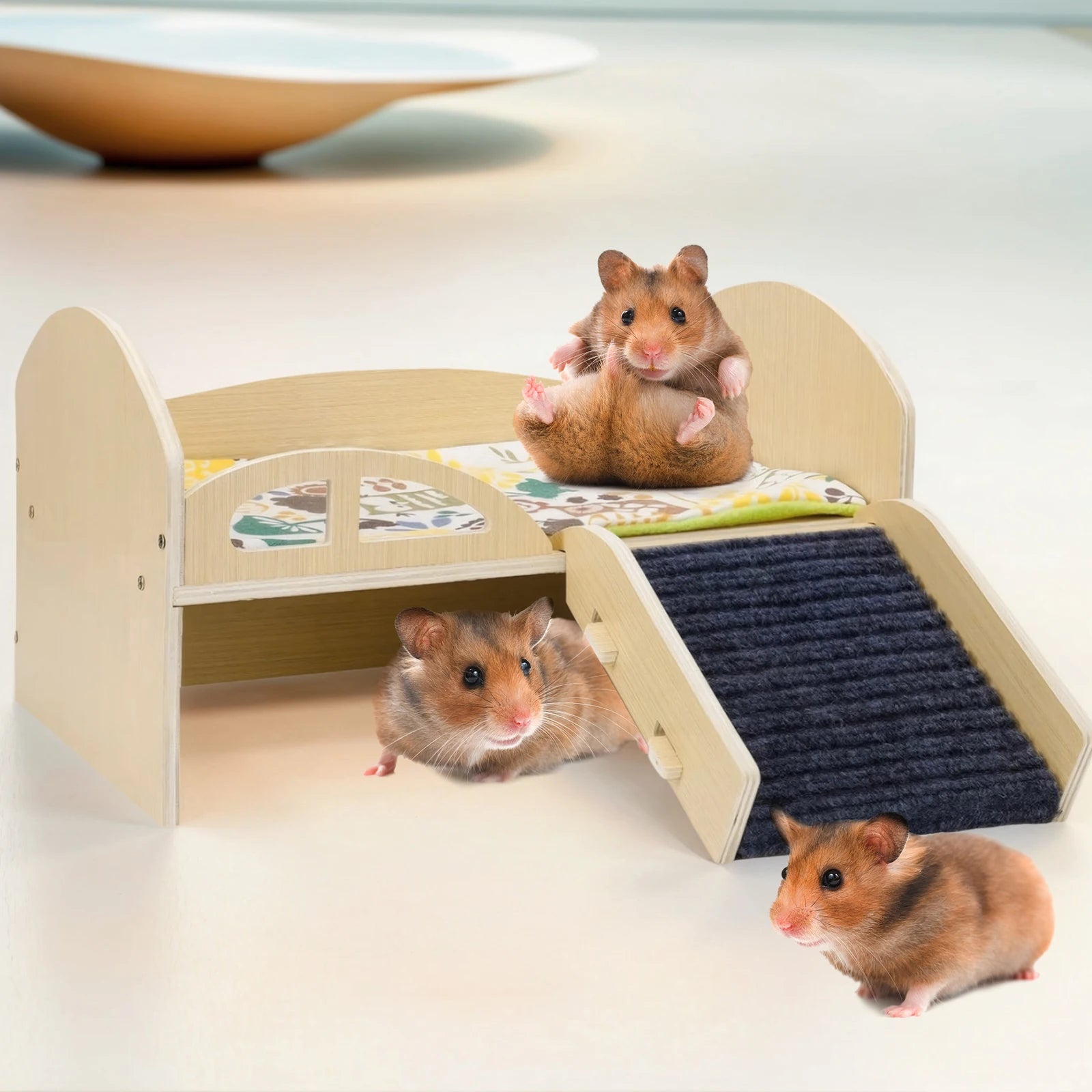 Bed with Stable Stairs & Mat Wear Resist Wood Pet Toy Bed
