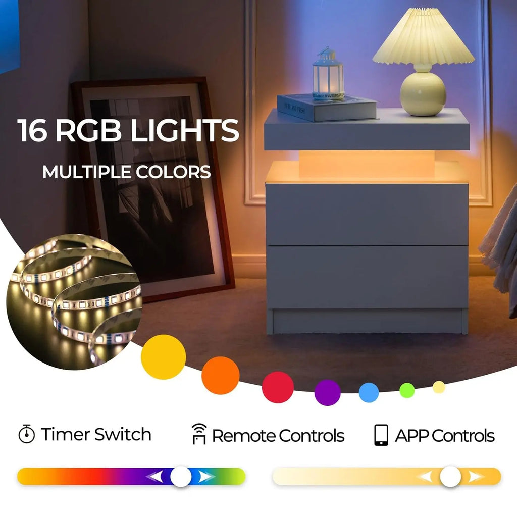 Set of 2 Nightstand with LED light, 2 Drawers