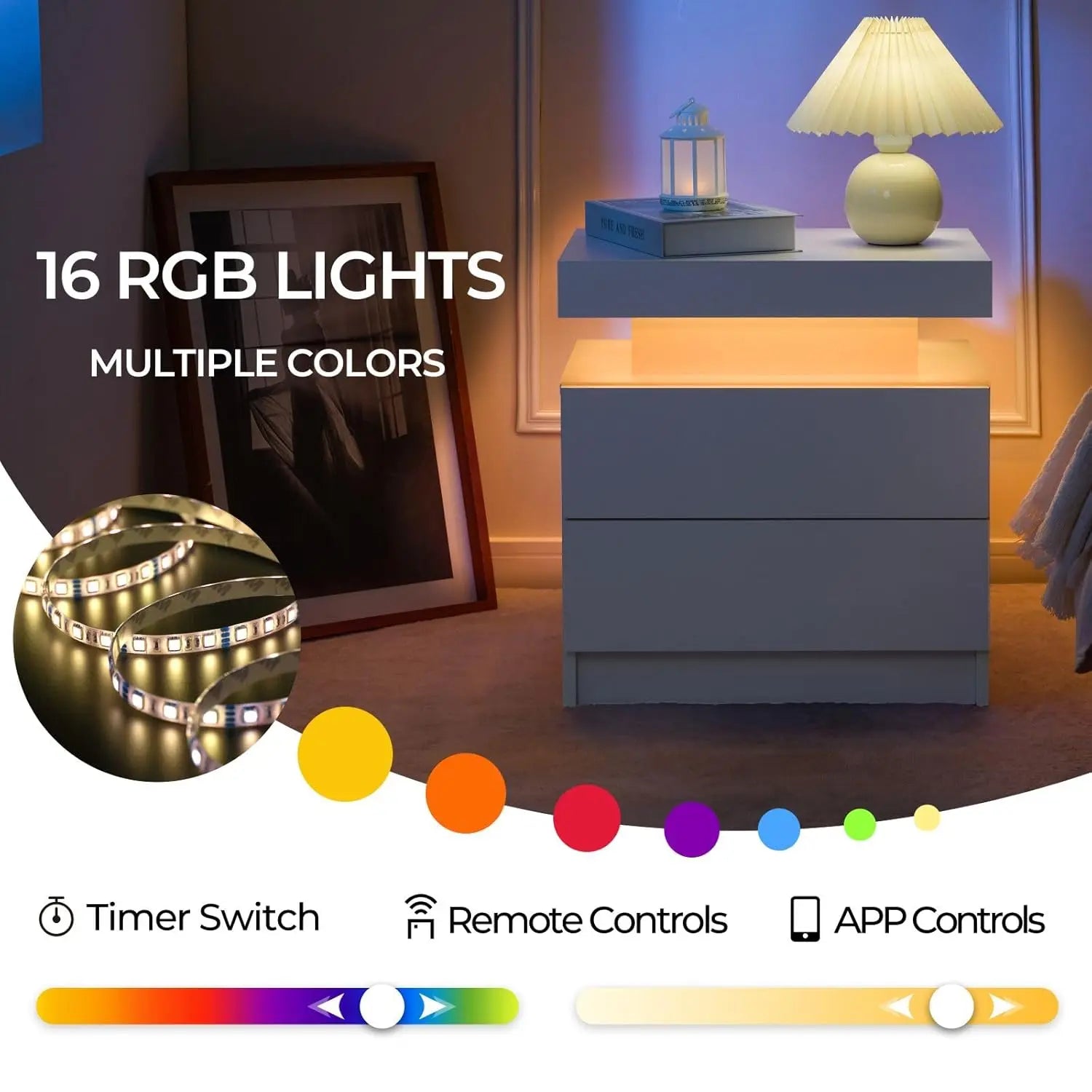 Set of 2 Nightstand with LED light, 2 Drawers