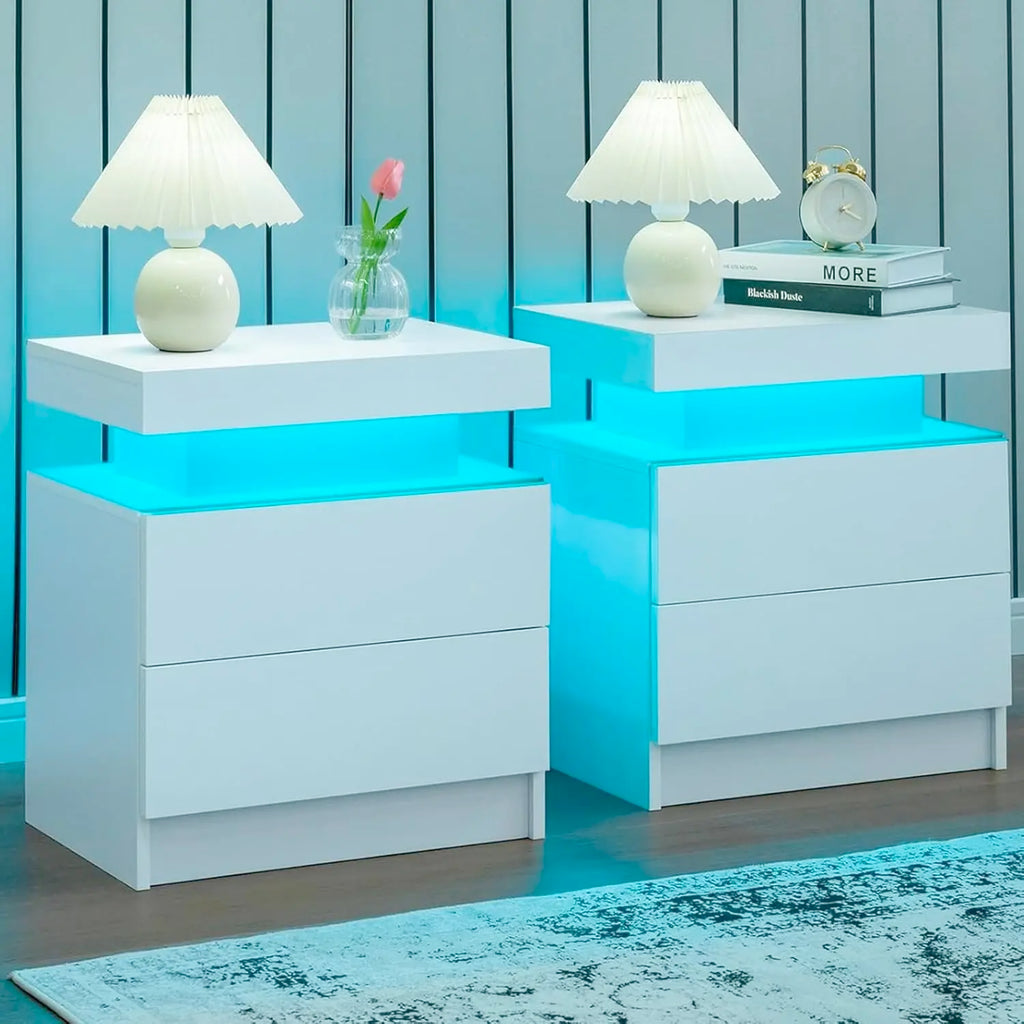 Set of 2 Nightstand with LED light, 2 Drawers