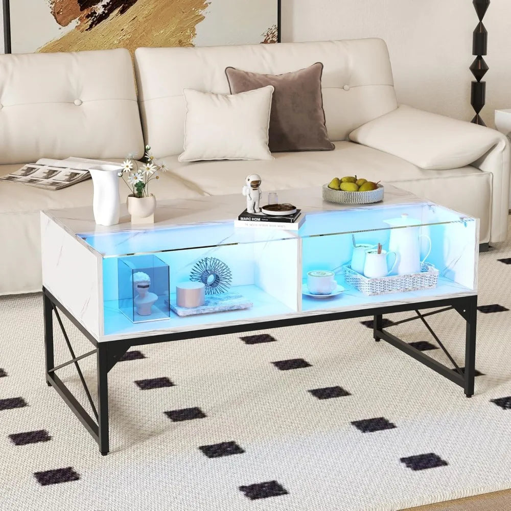 LED Coffee Table, High Glossy Center Table with 4 Storage Cubes