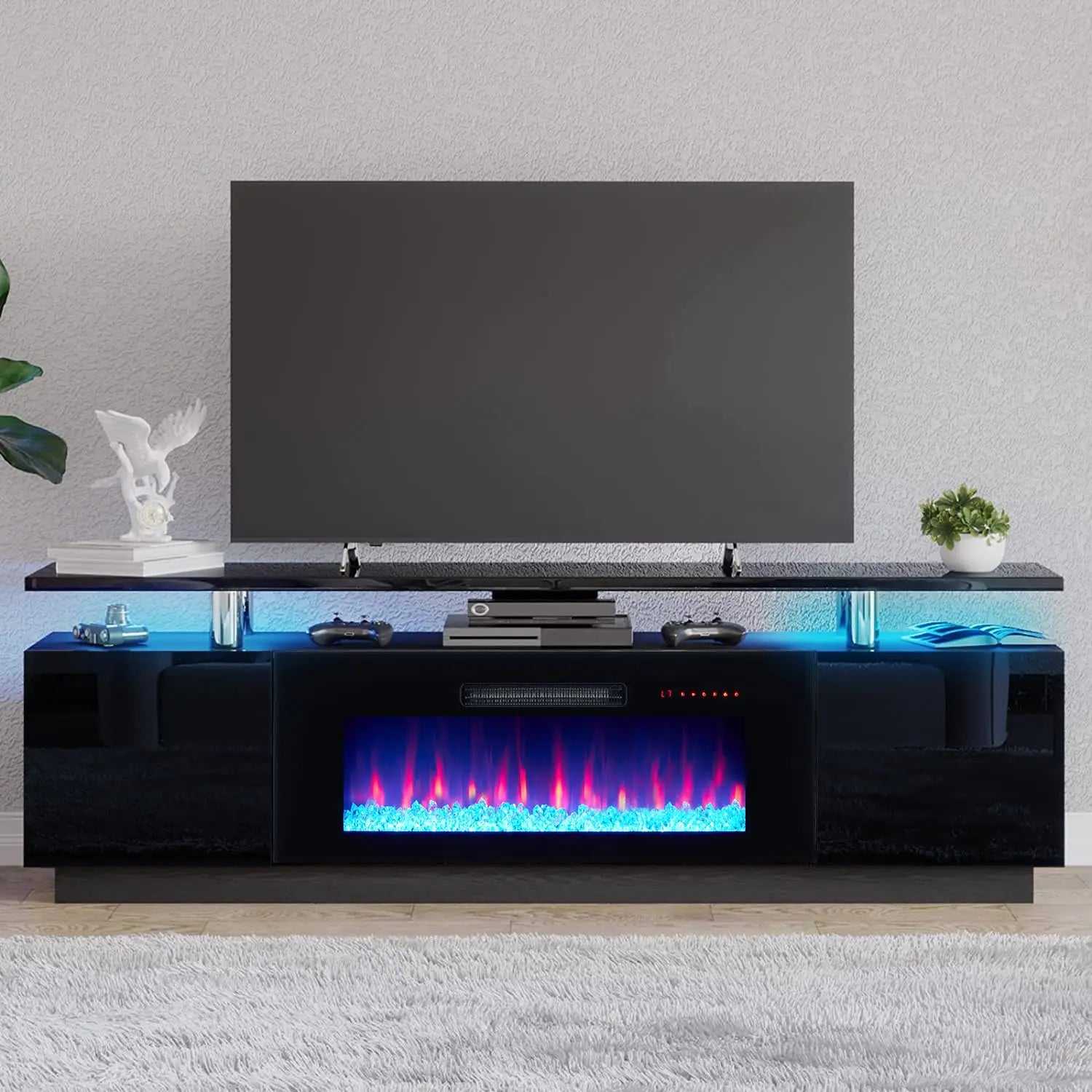 Fireplace TV Stand with 36" Fireplace, 70" Modern Fireplace Entertainment Center LED Lights, 2 Tier TV Console, Customized