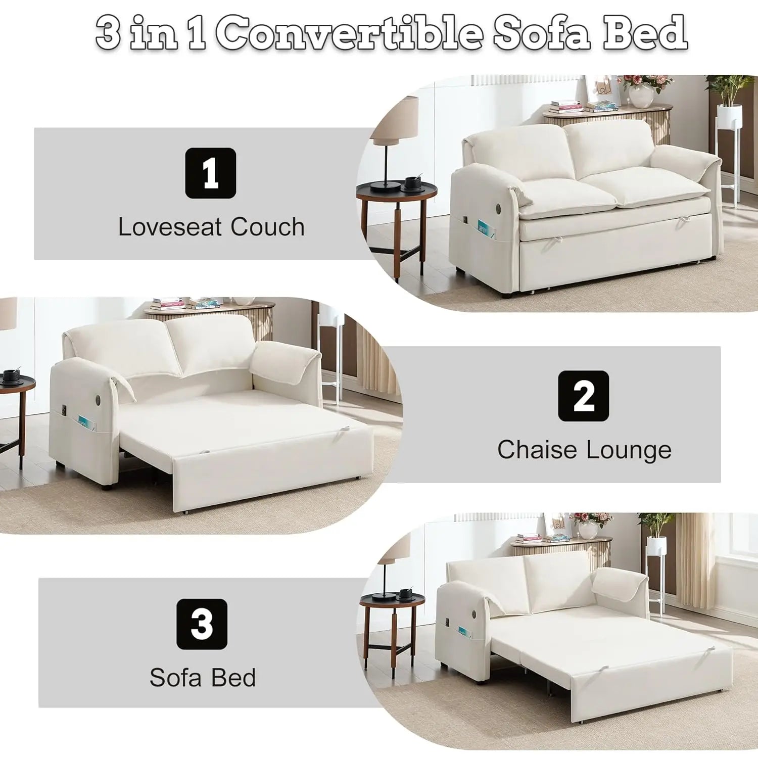 3 in 1 Convertible Sleeper Sofa Bed with Adjustable Backrest