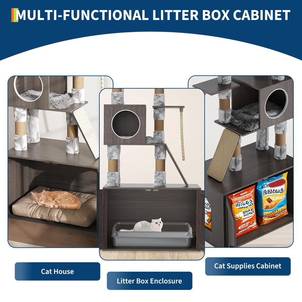 Multi-Level Cat Tree Tower with Enclosed Litter Box