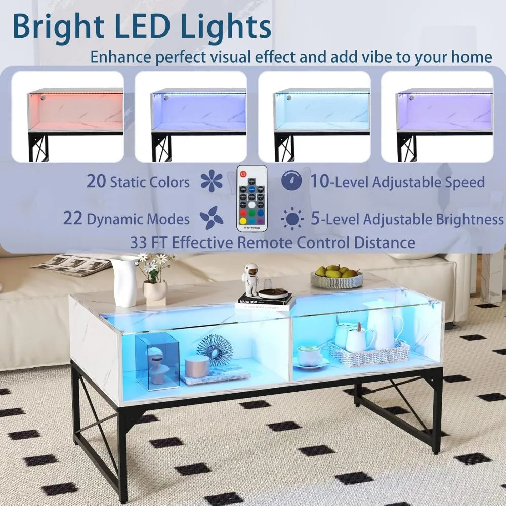 LED Coffee Table, High Glossy Center Table with 4 Storage Cubes