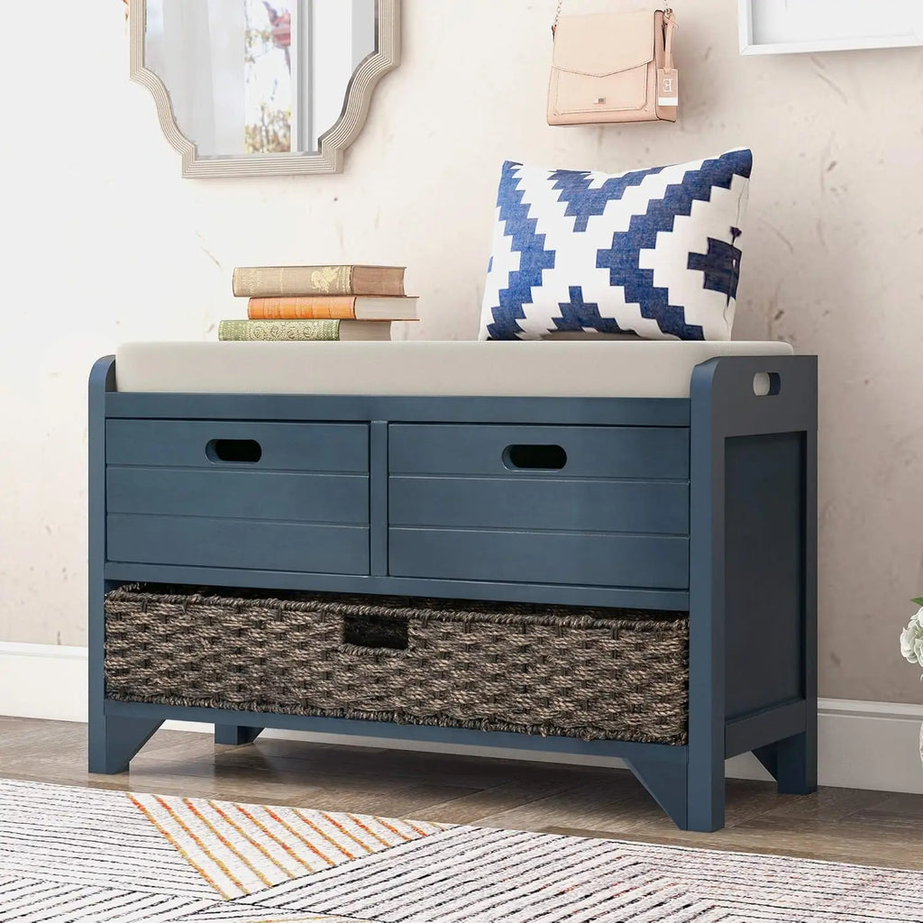 Wood Storage Ottoman with Removable Basket and 2 Drawers