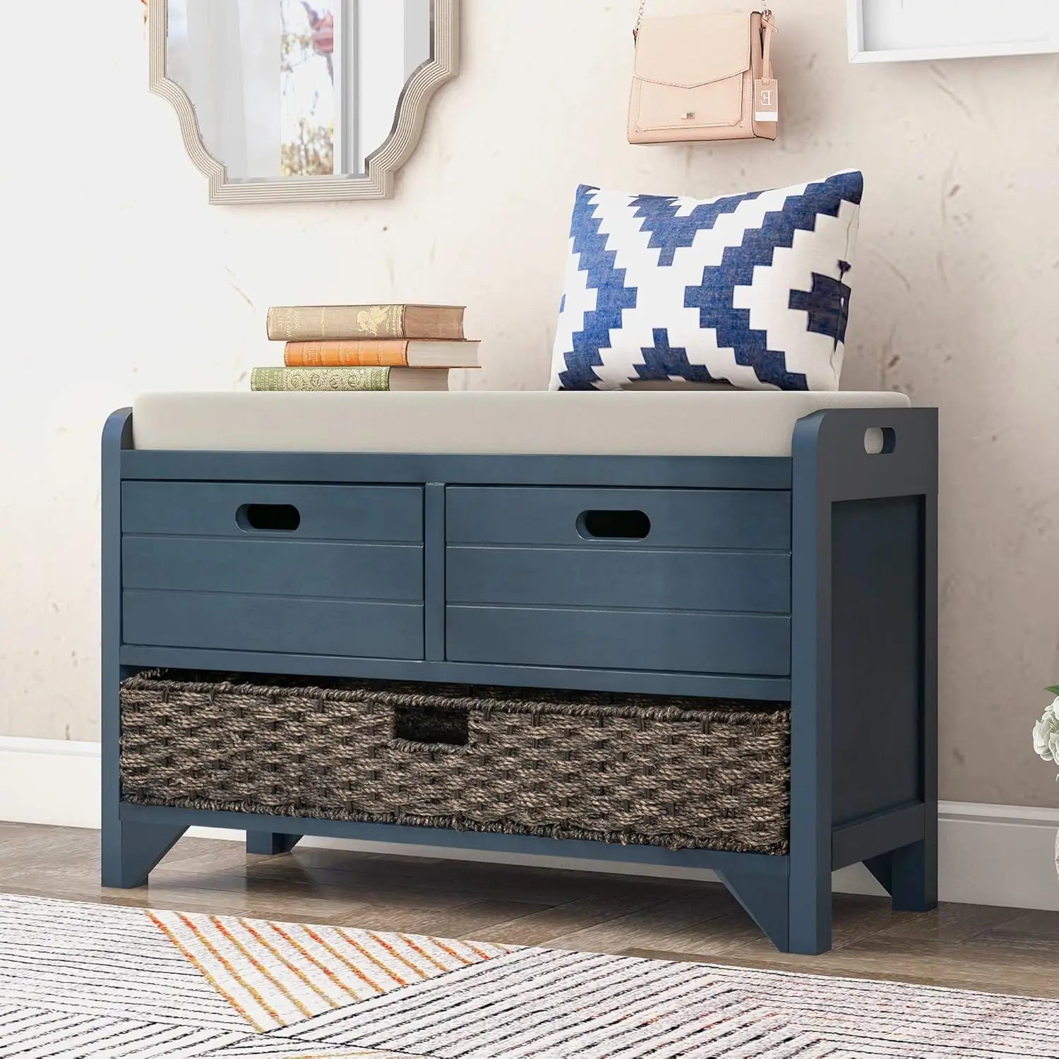 Wood Storage Ottoman with Removable Basket and 2 Drawers