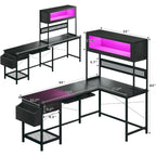 L Shaped Gaming Desk with Power Outlets & LED Lights