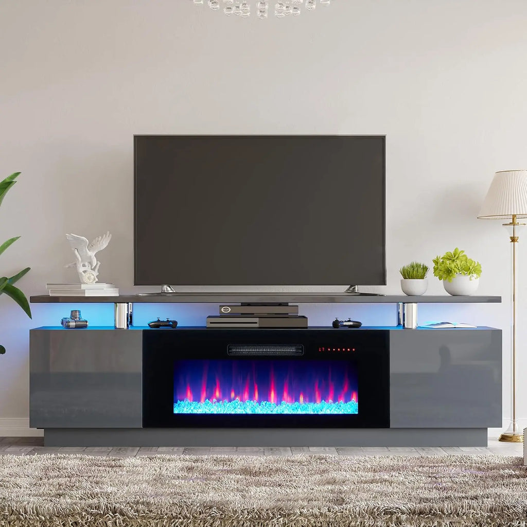 Fireplace TV Stand with 36" Fireplace, 70" Modern Fireplace Entertainment Center LED Lights, 2 Tier TV Console, Customized