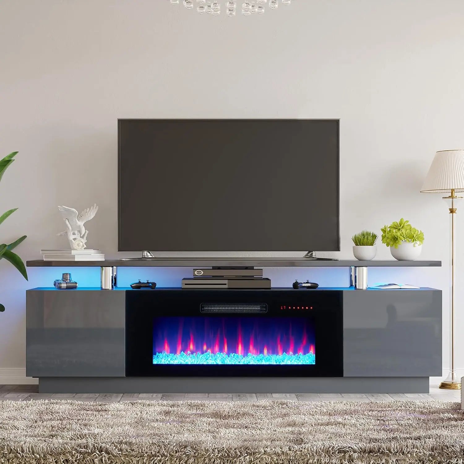 Fireplace TV Stand with 36" Fireplace, 70" Modern Fireplace Entertainment Center LED Lights, 2 Tier TV Console, Customized