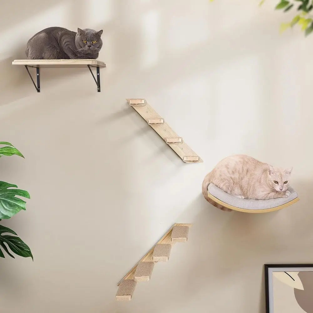 4-Piece Wooden Cat Climbing Furniture Set wall mounting
