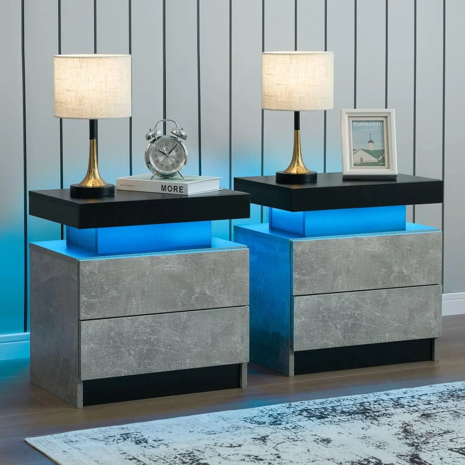 Set of 2 Nightstand with LED light, 2 Drawers