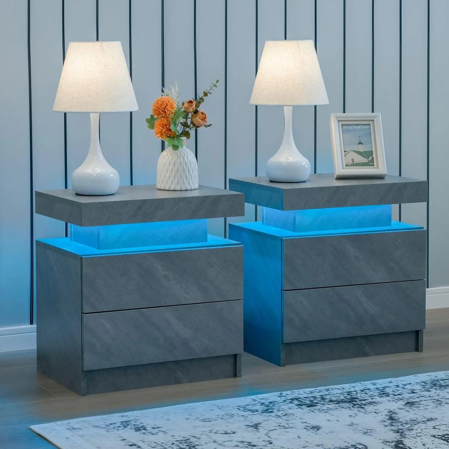 Set of 2 Nightstand with LED light, 2 Drawers