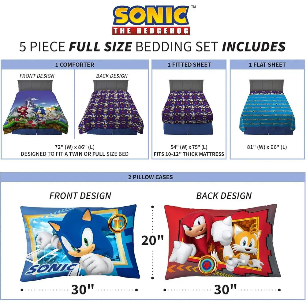 Sonic The Hedgehog, Comforter and Sheet Set, 5 Piece Full Size