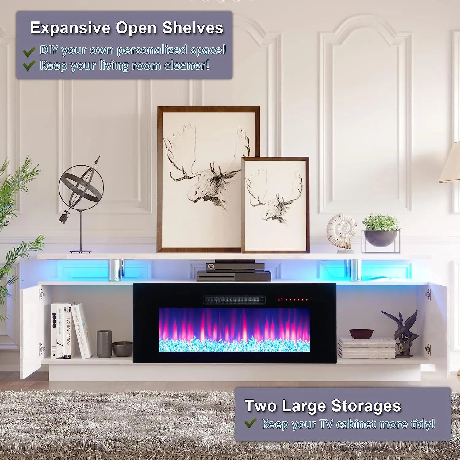 Fireplace TV Stand with 36" Fireplace, 70" Modern Fireplace Entertainment Center LED Lights, 2 Tier TV Console, Customized