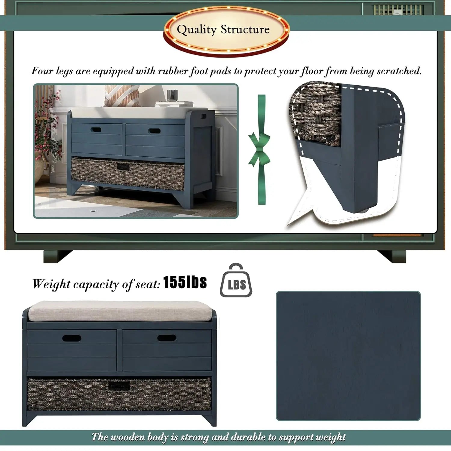 Wood Storage Ottoman with Removable Basket and 2 Drawers