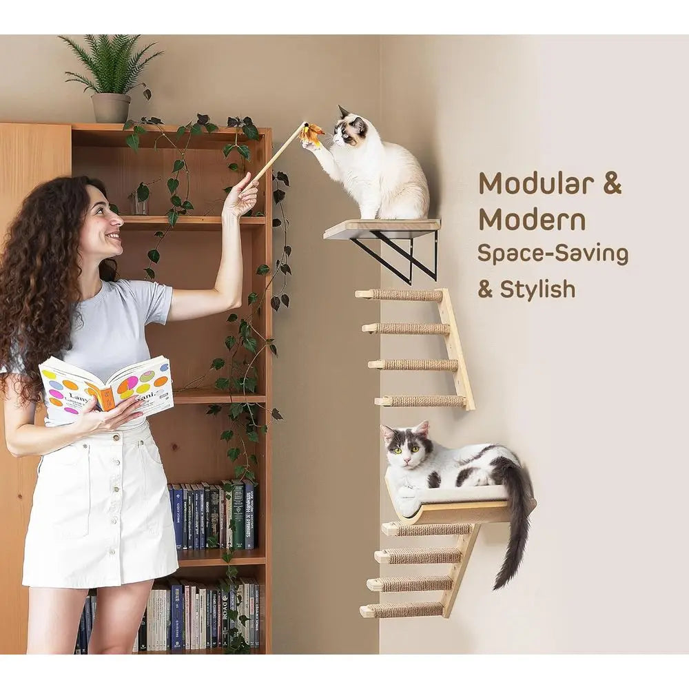 4-Piece Wooden Cat Climbing Furniture Set wall mounting