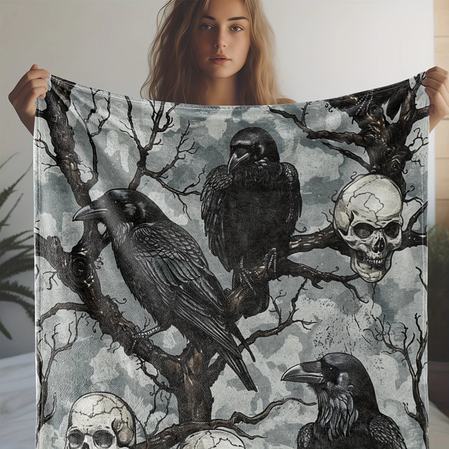 Skull & Crow Flannel Throw Blanket