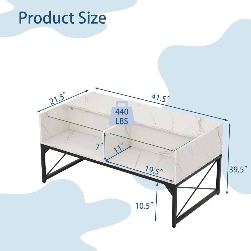 LED Coffee Table, High Glossy Center Table with 4 Storage Cubes