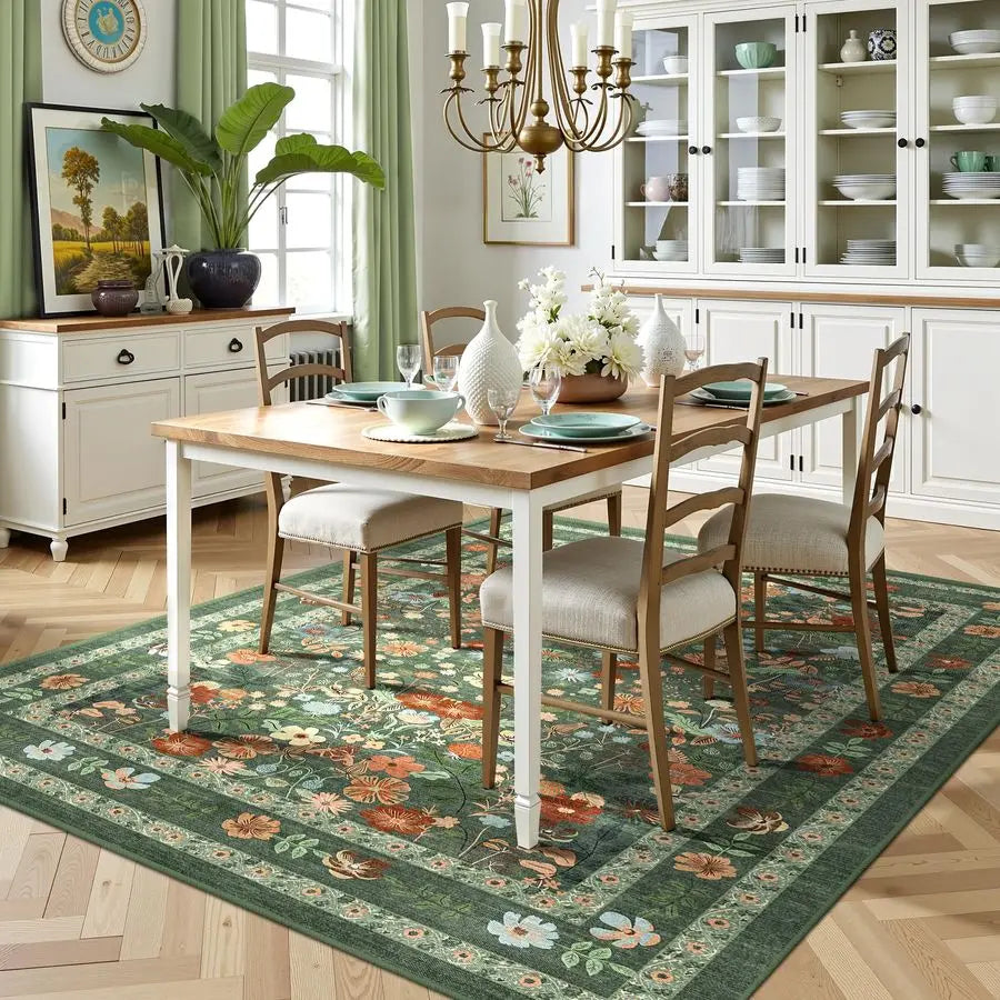 Vintage Boho green Floral Washable Nonslip Area Rug