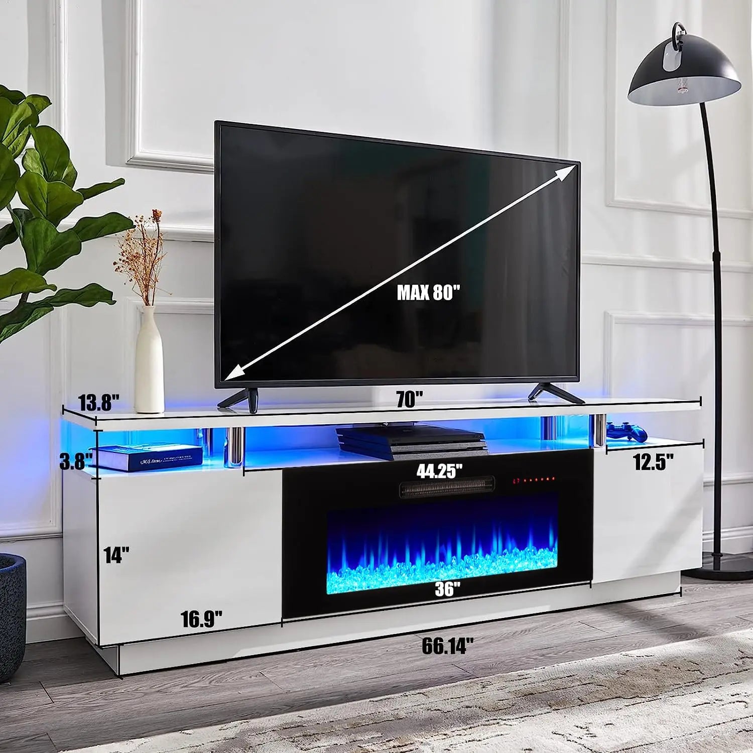 Fireplace TV Stand with 36" Fireplace, 70" Modern Fireplace Entertainment Center LED Lights, 2 Tier TV Console, Customized