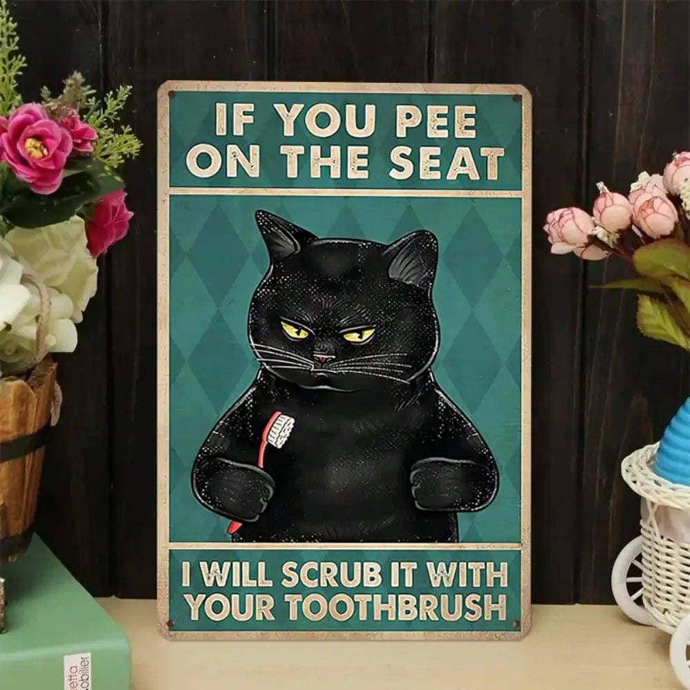1PC Tin Sign Black Cat "If You Pee On The Seat" - Funny Bathroom/Humorous Wall Decor, Metal, 8x12 Inches/20x30 Cm