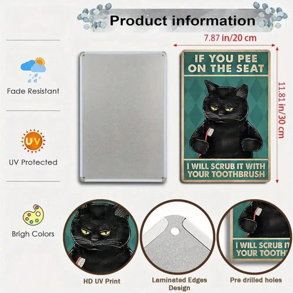 1PC Tin Sign Black Cat "If You Pee On The Seat" - Funny Bathroom/Humorous Wall Decor, Metal, 8x12 Inches/20x30 Cm