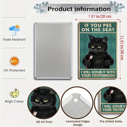 1PC Tin Sign Black Cat "If You Pee On The Seat" - Funny Bathroom/Humorous Wall Decor, Metal, 8x12 Inches/20x30 Cm