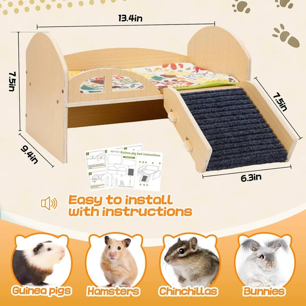 Bed with Stable Stairs & Mat Wear Resist Wood Pet Toy Bed