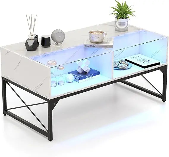 LED Coffee Table, High Glossy Center Table with 4 Storage Cubes