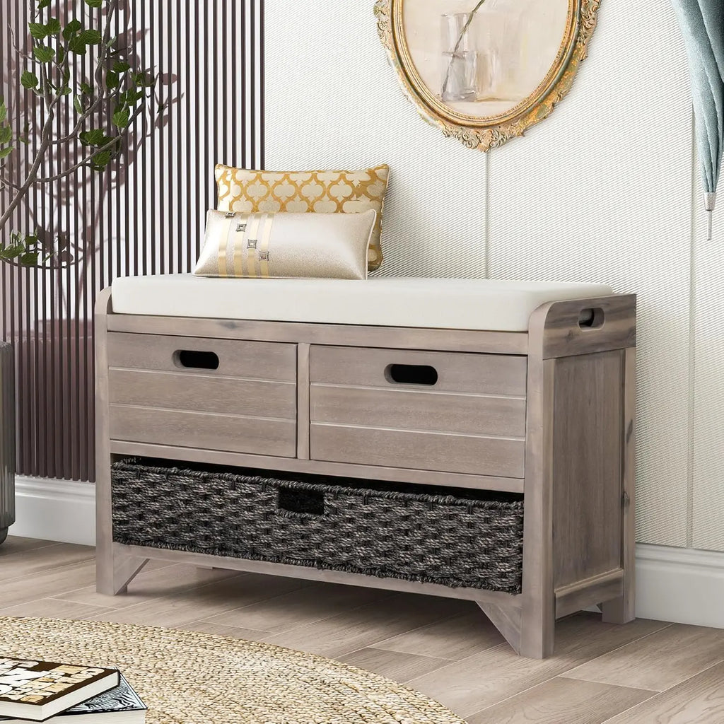 Wood Storage Ottoman with Removable Basket and 2 Drawers