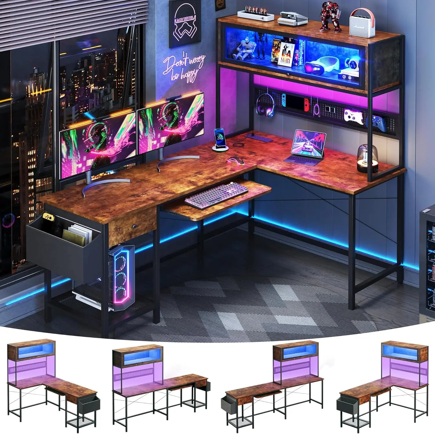 L Shaped Gaming Desk with Power Outlets & LED Lights