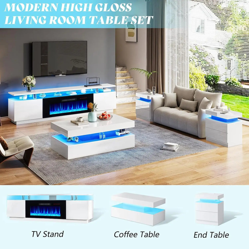 Fireplace TV Stand with 36" Fireplace, 70" Modern Fireplace Entertainment Center LED Lights, 2 Tier TV Console, Customized