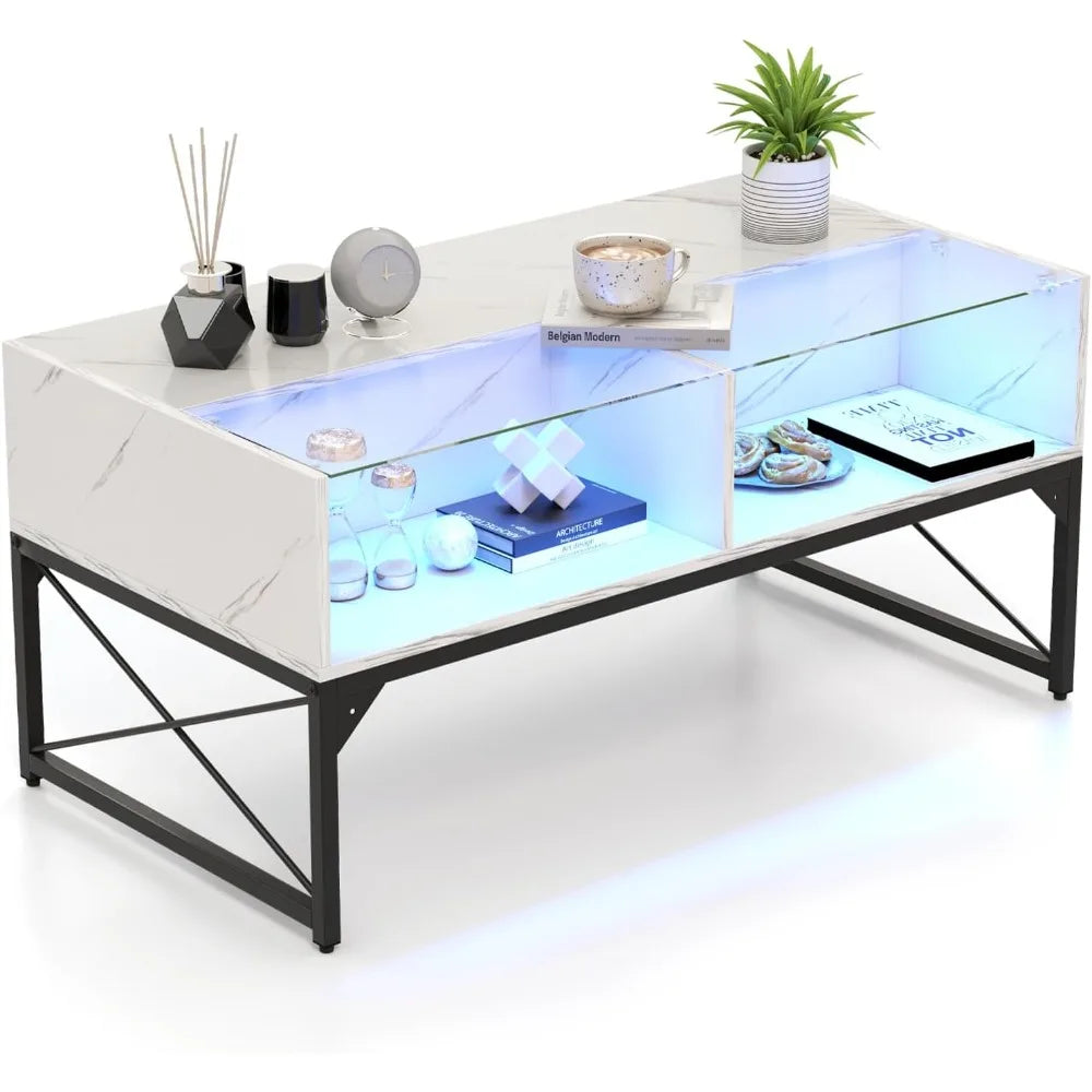 LED Coffee Table, High Glossy Center Table with 4 Storage Cubes