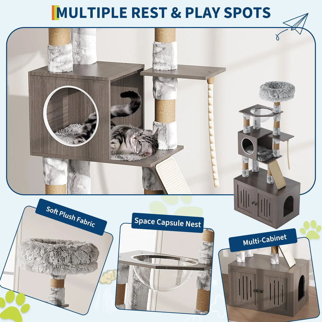 Multi-Level Cat Tree Tower with Enclosed Litter Box