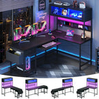 L Shaped Gaming Desk with Power Outlets & LED Lights
