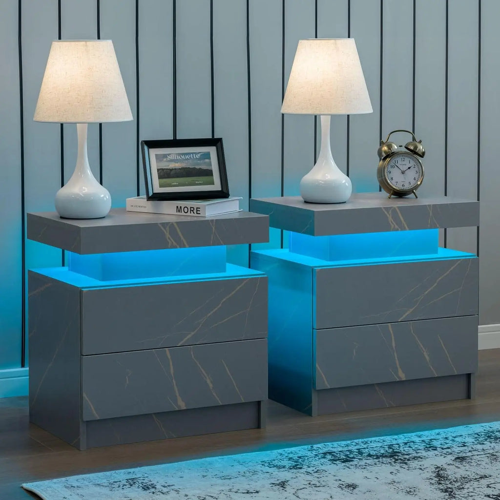 Set of 2 Nightstand with LED light, 2 Drawers