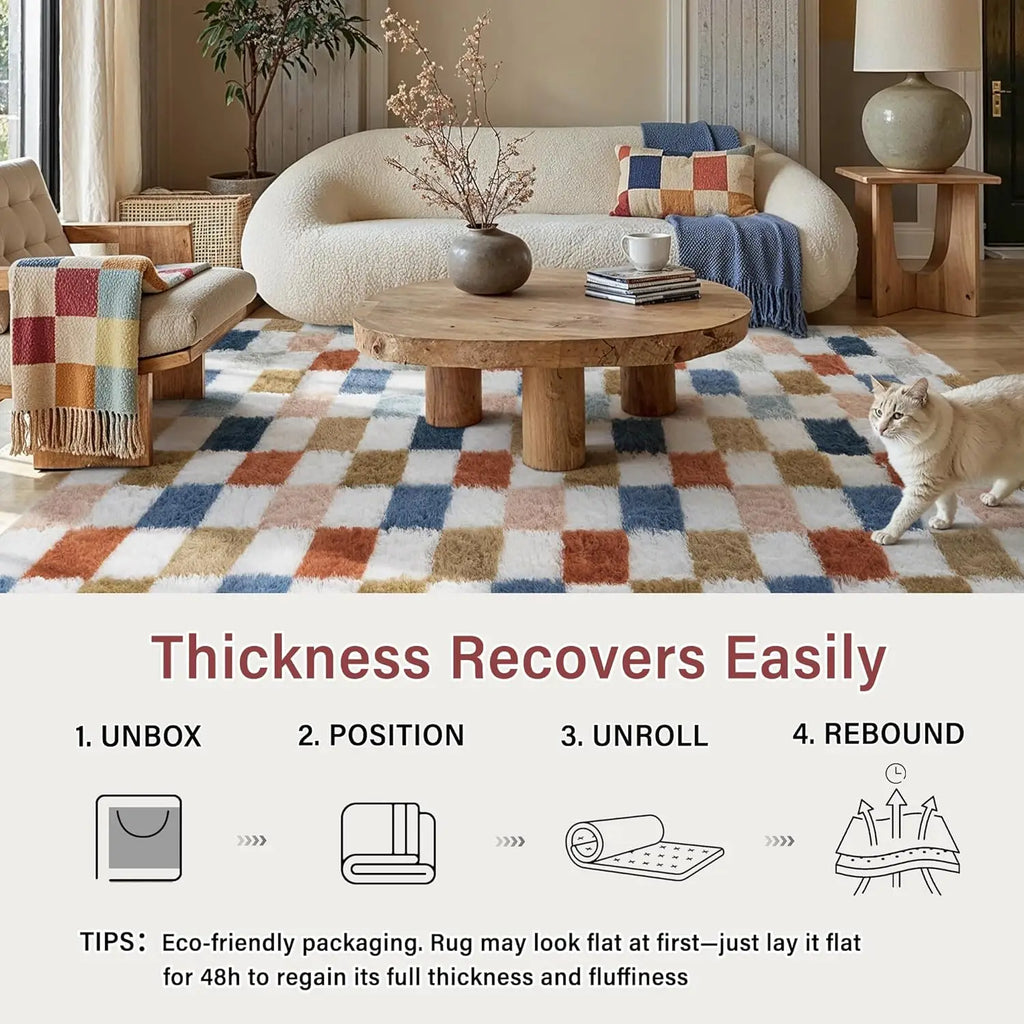 Rainbow Checkered Shag Rug Washable Non-Slip