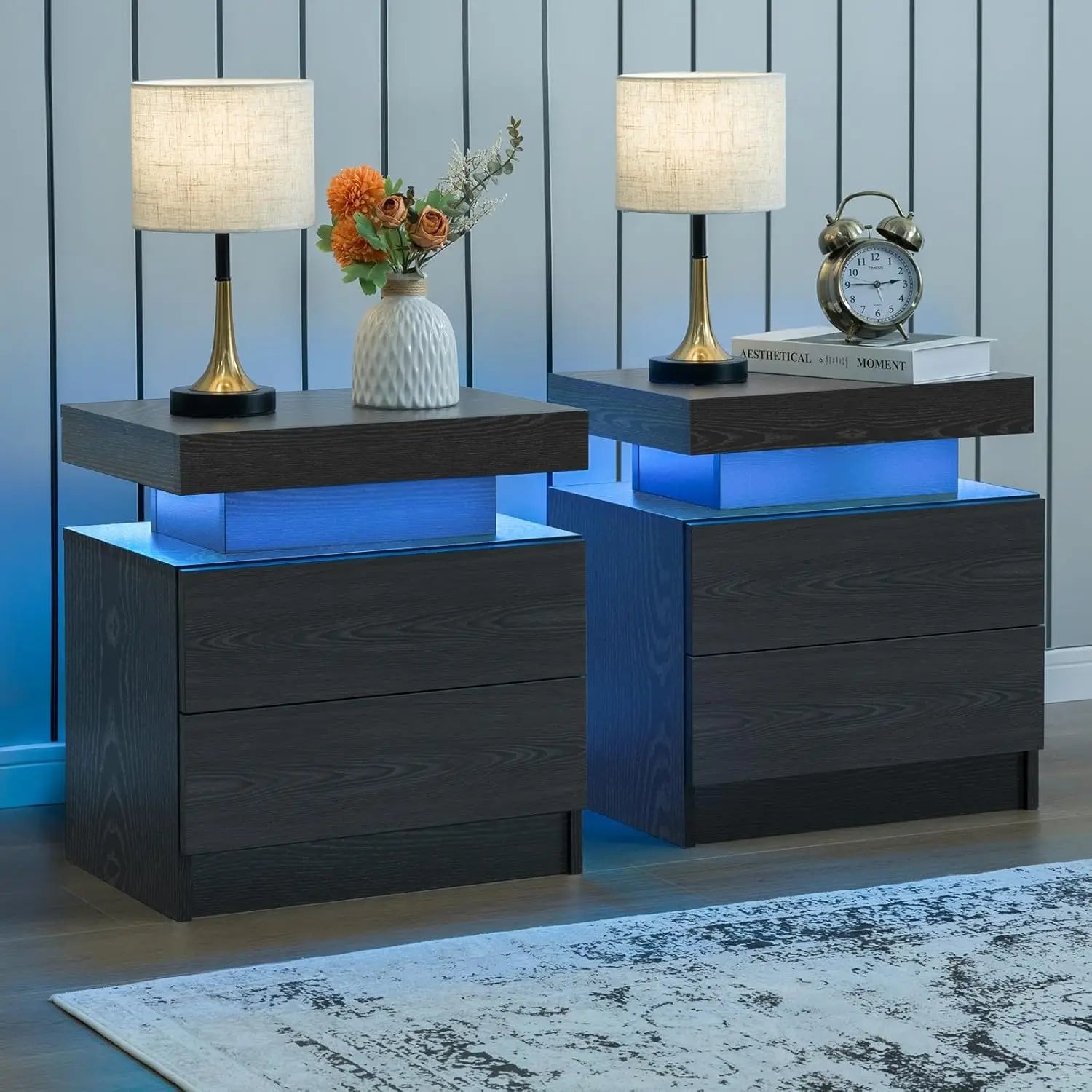 Set of 2 Nightstand with LED light, 2 Drawers