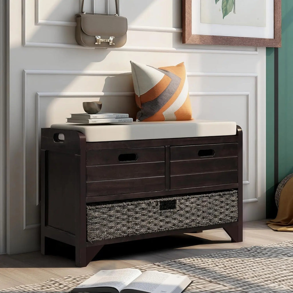 Wood Storage Ottoman with Removable Basket and 2 Drawers