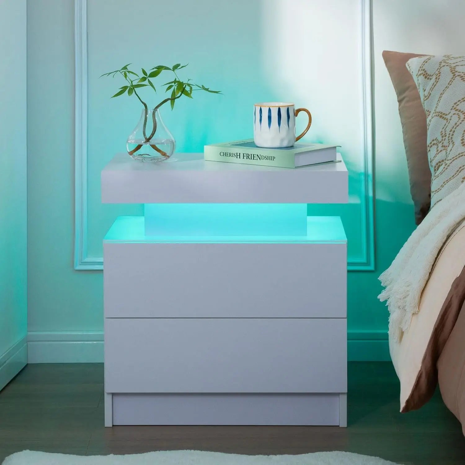Set of 2 Nightstand with LED light, 2 Drawers