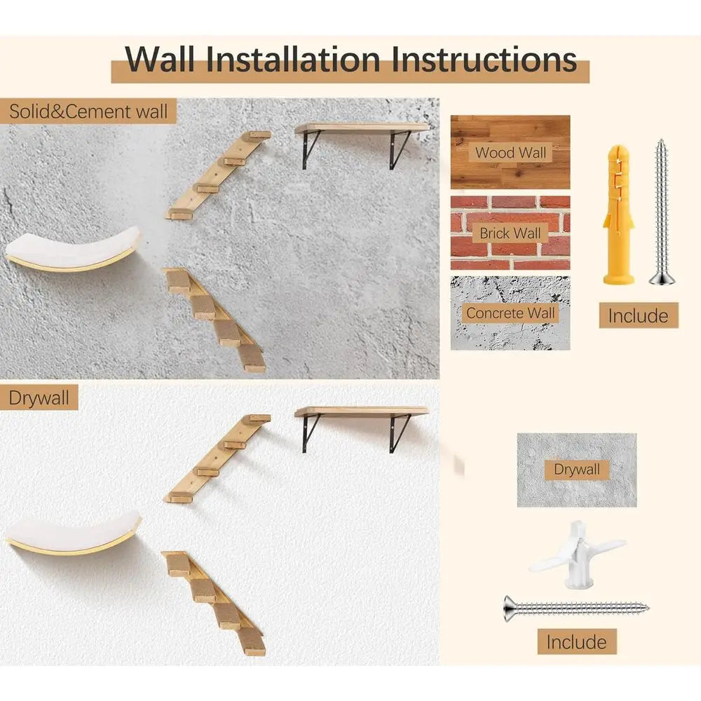 4-Piece Wooden Cat Climbing Furniture Set wall mounting