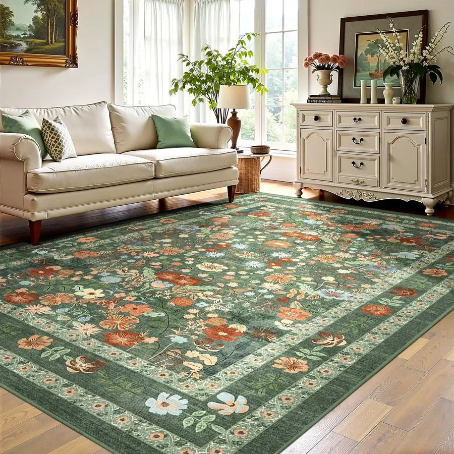 Vintage Boho green Floral Washable Nonslip Area Rug