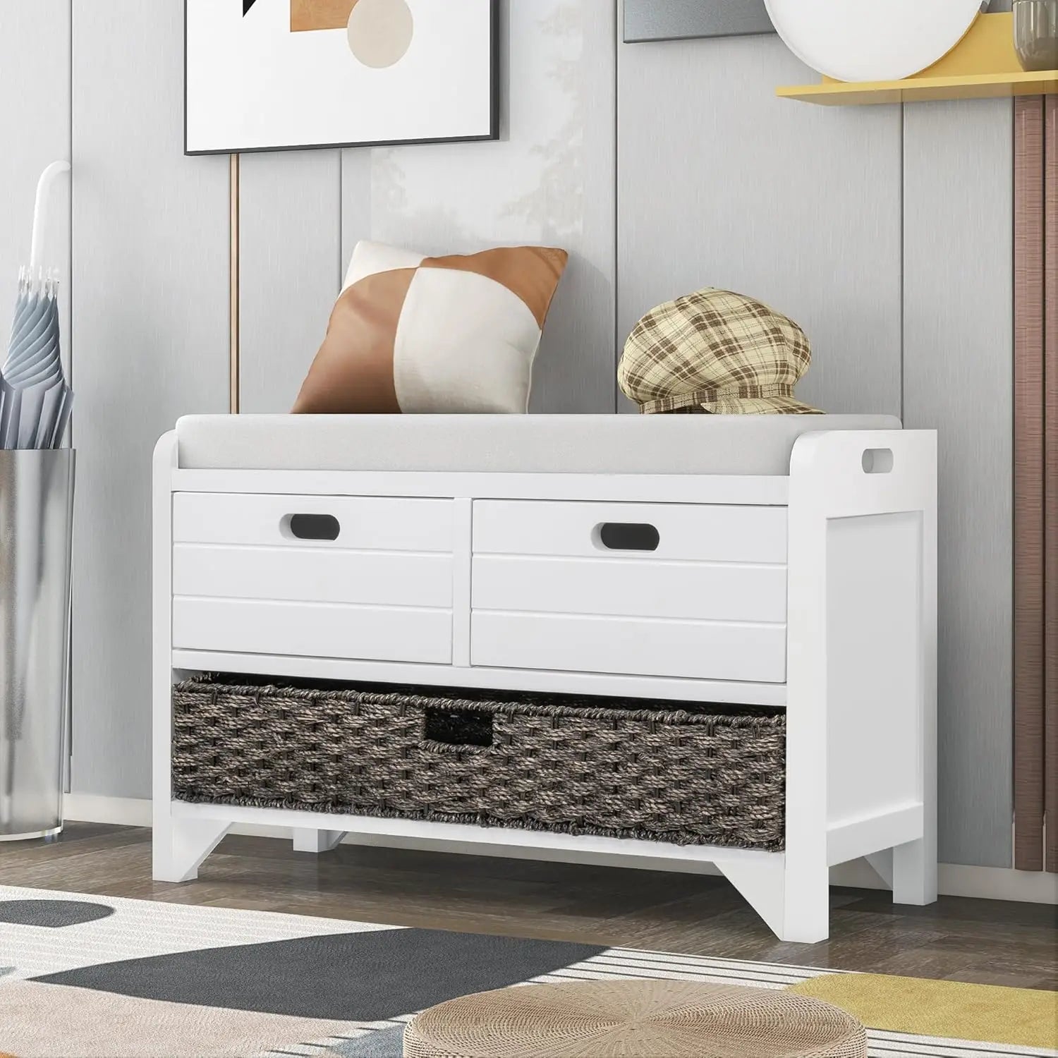 Wood Storage Ottoman with Removable Basket and 2 Drawers
