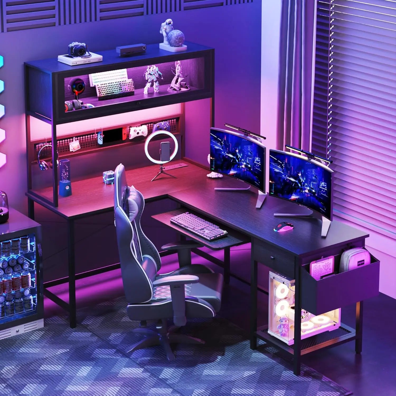 L Shaped Gaming Desk with Power Outlets & LED Lights